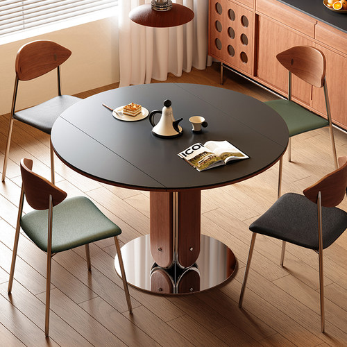 方圆两用餐桌中古风实木岩板饭桌