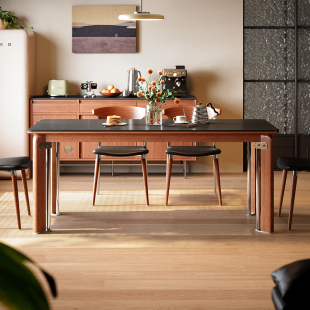 梵创 德利丰纯黑岩板餐桌长方形包豪斯中古风小户型家用全托饭桌