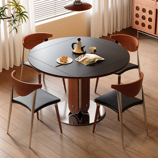 梵创 岩板折叠餐桌正方可变圆桌小户型家用中古风新型伸缩饭桌子