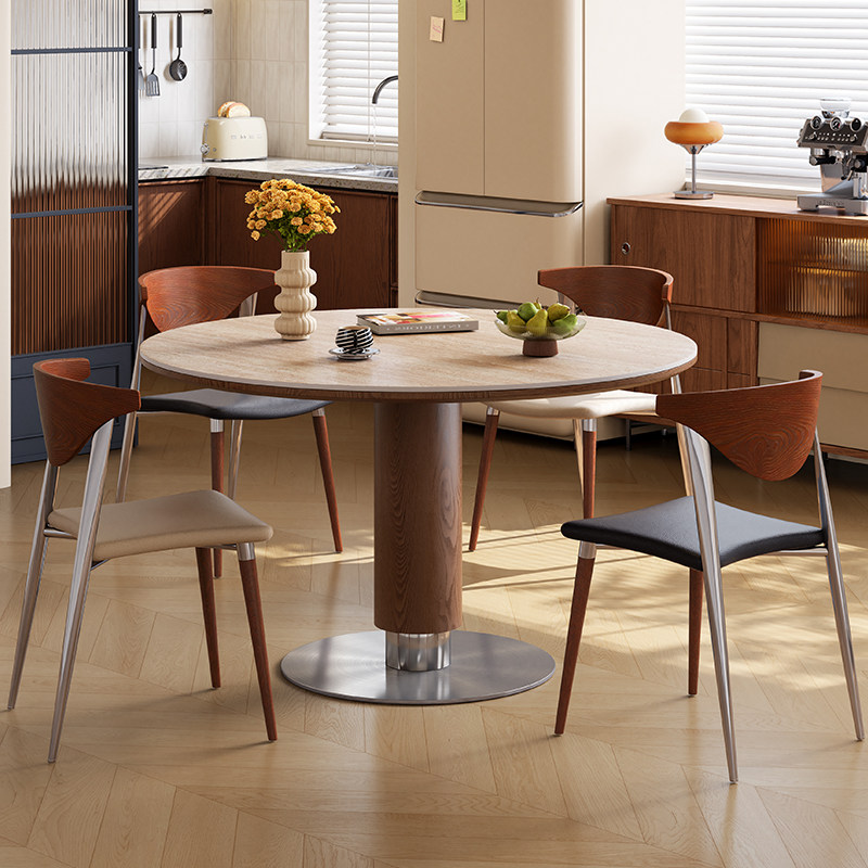 梵创 中古风圆形岩板餐桌小用户家用实木圆桌包豪斯吃饭桌椅组合
