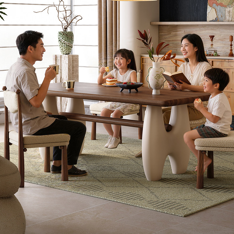 梵创 实木餐桌长方形客厅家用法式奶油风洽谈原木色吃饭桌椅组合