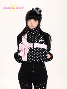 PUPILFAT原创“Gift”黑粉波点蝴蝶结修身显瘦短款卫衣夹克外套