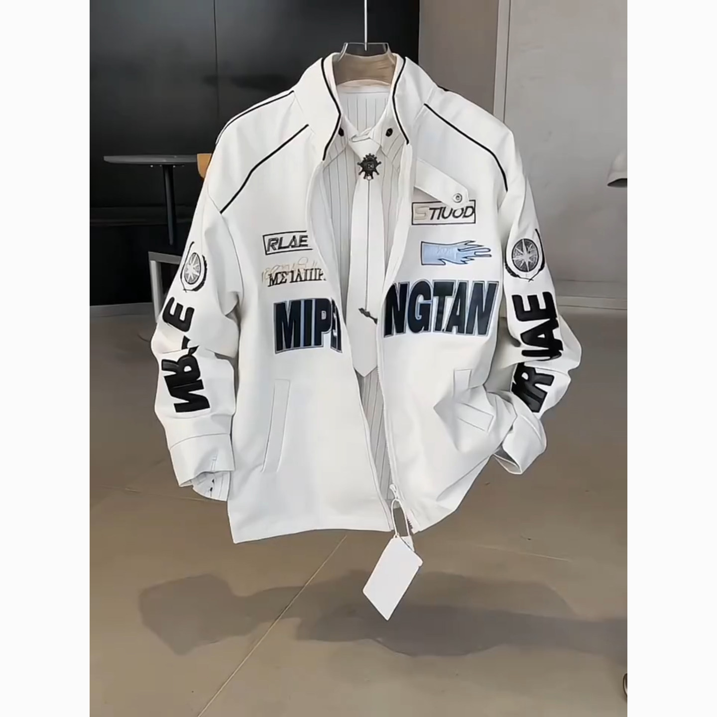 美式PU皮赛车服外套男款春季痞帅hiphop飞行夹克设计感立领机车服