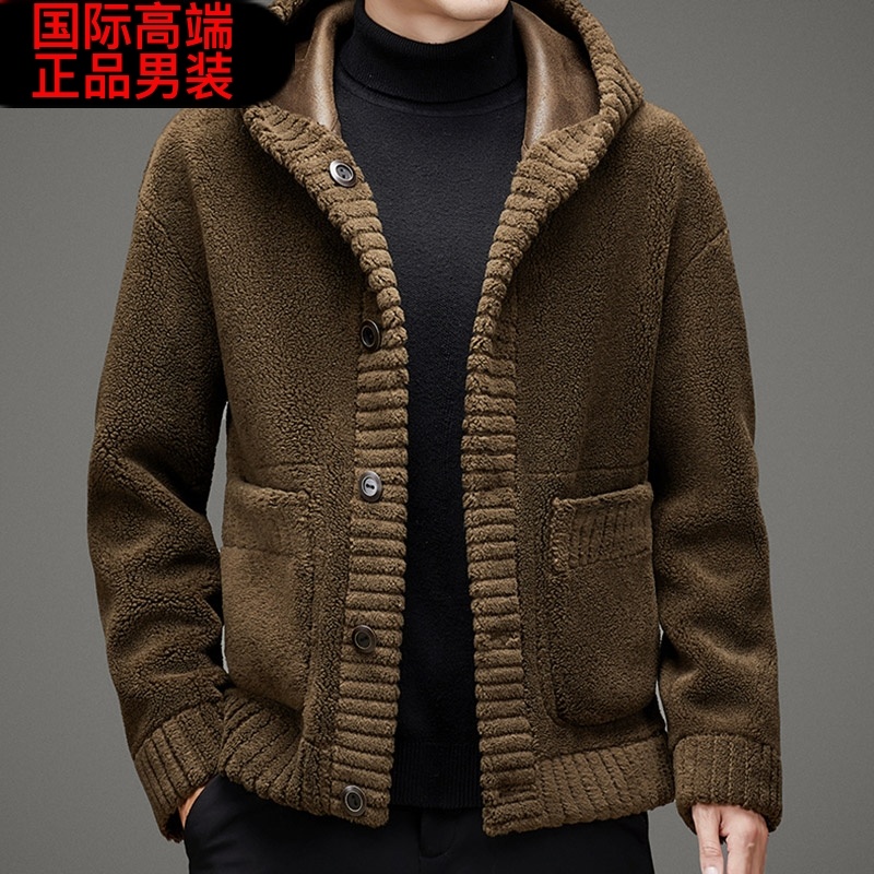 皮毛一体双面穿皮草夹克男冬季羊剪绒外套连帽羊毛男装加厚中年潮