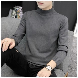 春秋冬男半高领毛衣纯色韩式紧身连绒加厚底衫男羊毛衫