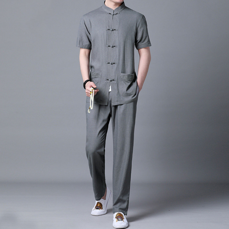 唐装男中老年中国风夏季薄款汉服爸爸装复古爷爷休闲棉麻男士套装