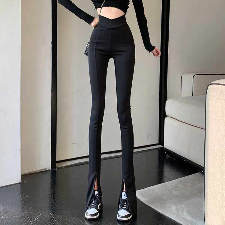 春秋季黑色加长裤女士新款高腰修身显瘦拖地高个子开叉微喇叭裤