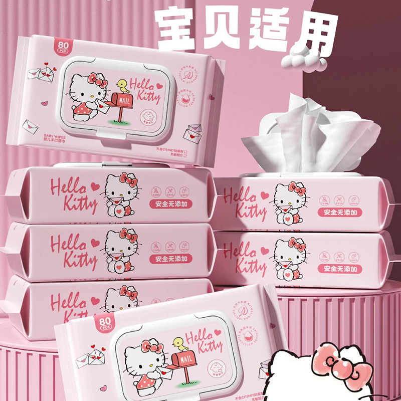 Подлинные влажные салфетки Sanrio Pure Water, 80 шт., маленькие салфетки для собак Kulomi Pacha Dog Hello Kitty, милые детские салфетки для рук и рта Изображение 1