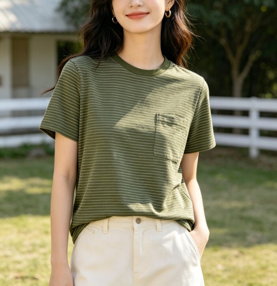 2026新款文艺复古细条纹短袖T恤女韩系别致圆领上衣XQ9361-2