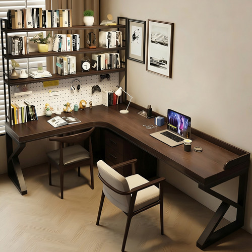 实木转角书桌书柜一体靠墙书架组合办公学习桌L型电脑桌卧室家用 - 封面