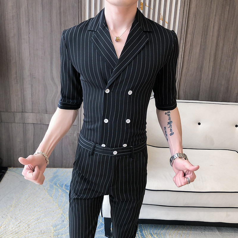 青年男士夏季款条纹类西服衬衫套装P135,男装西服,星座407-1