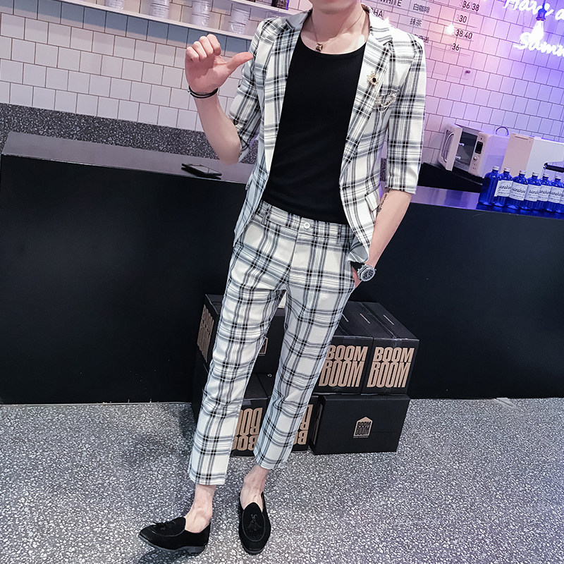 商务休闲修身格子绅士男款西服套装P140图片