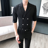 夏季男士双扣修身中袖条纹衬衫西服套装P130，男装西服套装，星座407-1