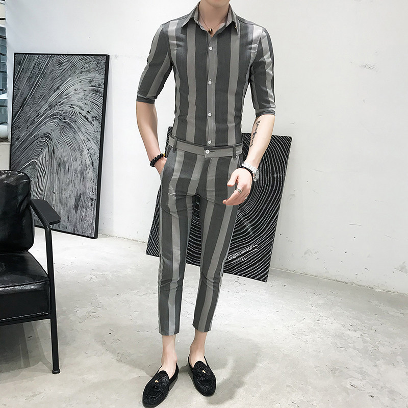 夏季男士衬衫修身中袖七分袖潮流休闲帅气P100图片