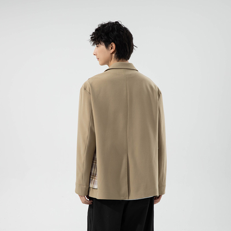 青年便服长袖西装领流行纯色格子拼接外套P180,男装西服套装,星座407-1