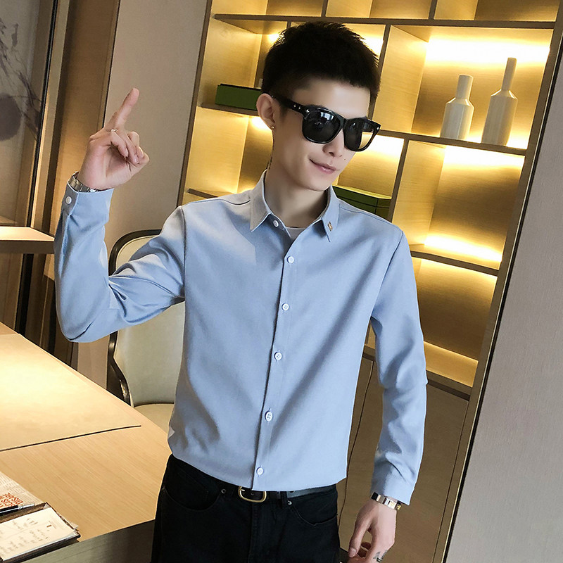 男士纯色修身居家休闲长袖衬衫P100,男装衬衫,星座407-1