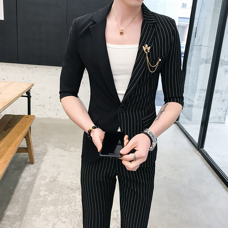 夏季男士小西装两件套九分裤修身P130,男装西服套装,星座407-1