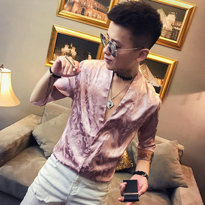 夏季男士暗花衬衣V领中袖衬衫P50图片