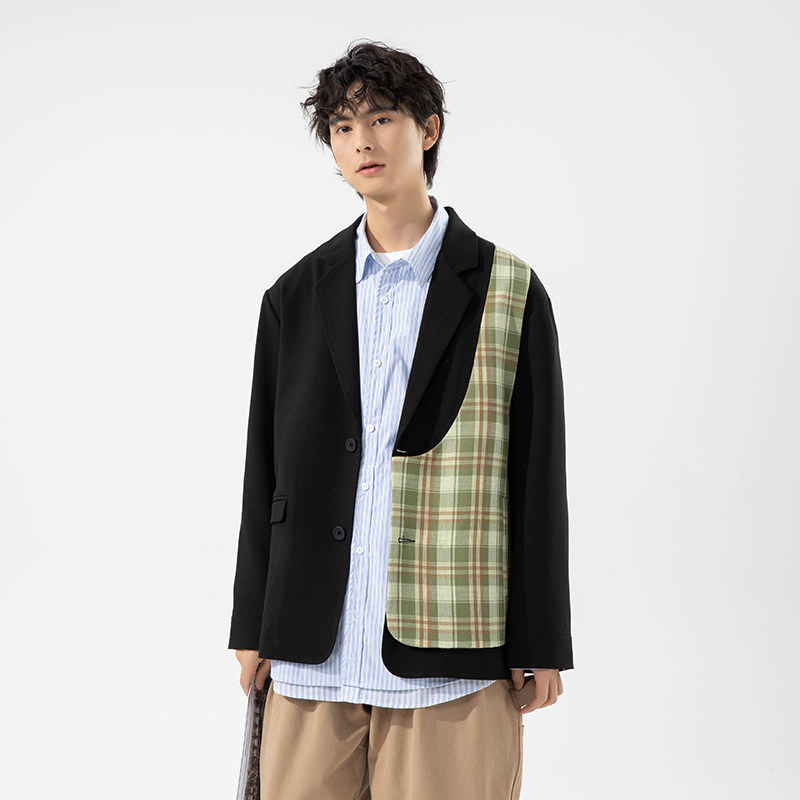 青年便服长袖西装领流行纯色格子拼接外套P180,男装西服套装,星座407-1