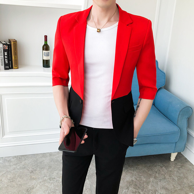 夏季男士时尚休闲修身双拼色短袖西服套装P140,男装T恤,星座407-1