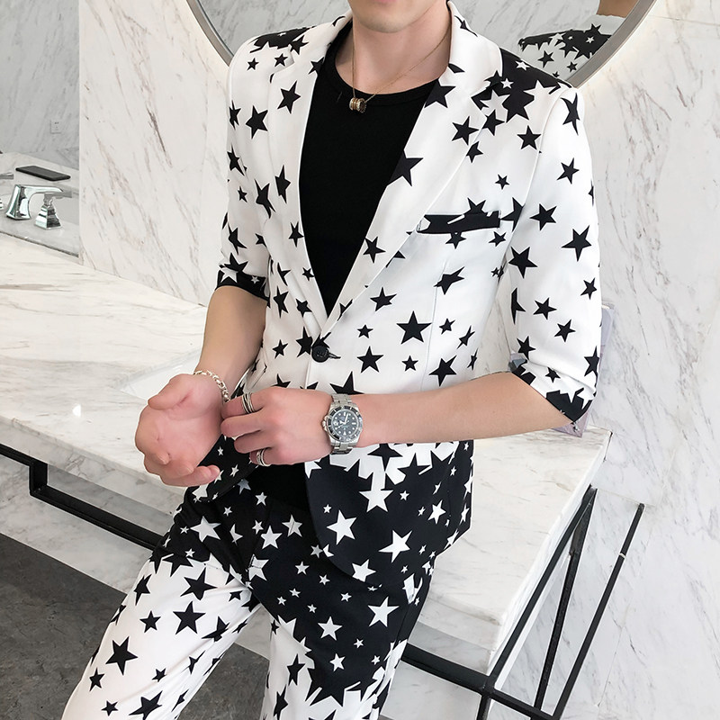 夏季男士修身个性星星印花西服两件套九分裤P130,男装西服,星座407-1
