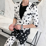 夏季男士修身个性星星印花西服两件套九分裤P130，男装西服，星座407-1