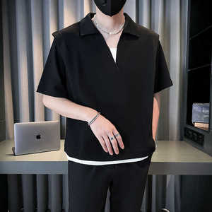 夏季男士假两件短袖T恤宽松大码显瘦百搭半袖体恤五分袖冰丝P50,男装T恤,星座407-1