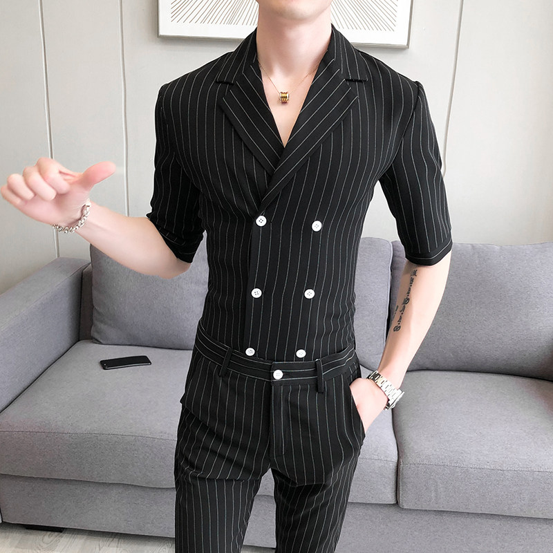 青年男士夏季款条纹类西服衬衫套装P135,男装西服,星座407-1