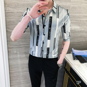 夏季男士修身条纹中袖衬衫P55图片