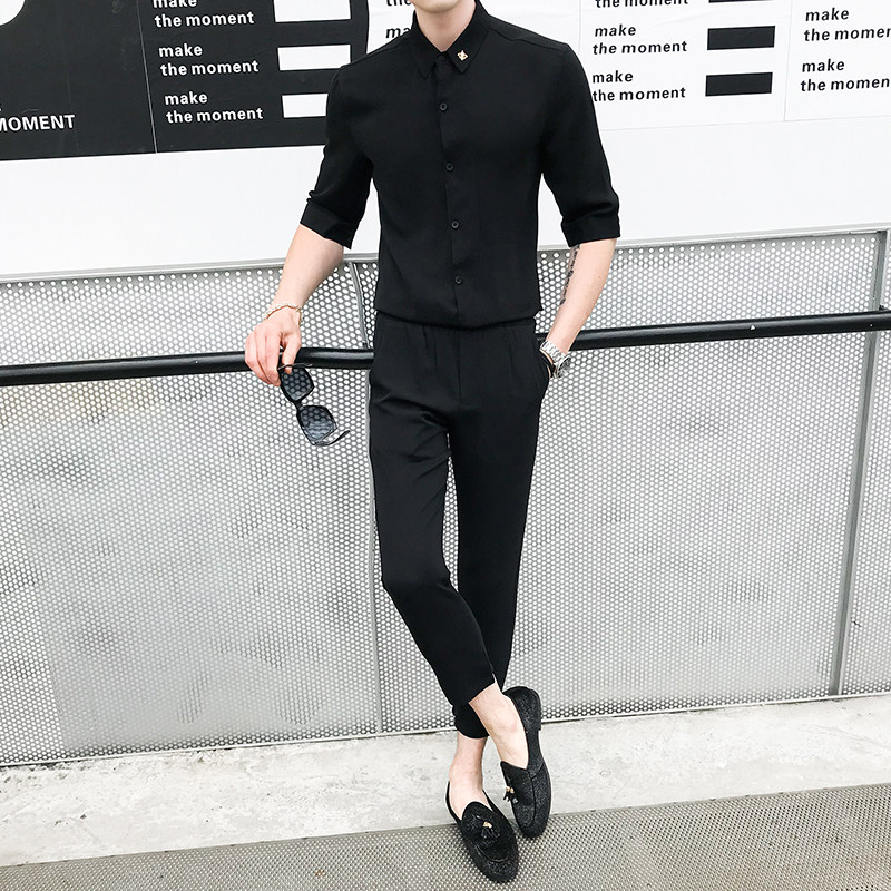 夏季青年男士纯色衬衫套装P100图片