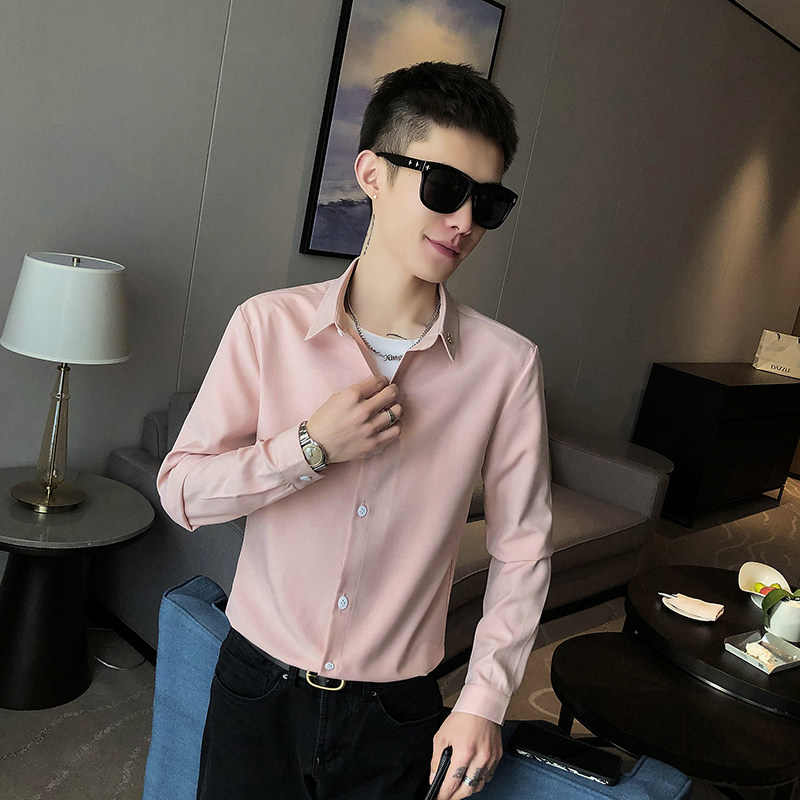男士纯色修身居家休闲长袖衬衫P100,男装衬衫,星座407-1