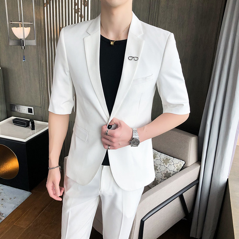 青春流行纯色休闲男士夏季修身两件套九分裤小西装P155图片