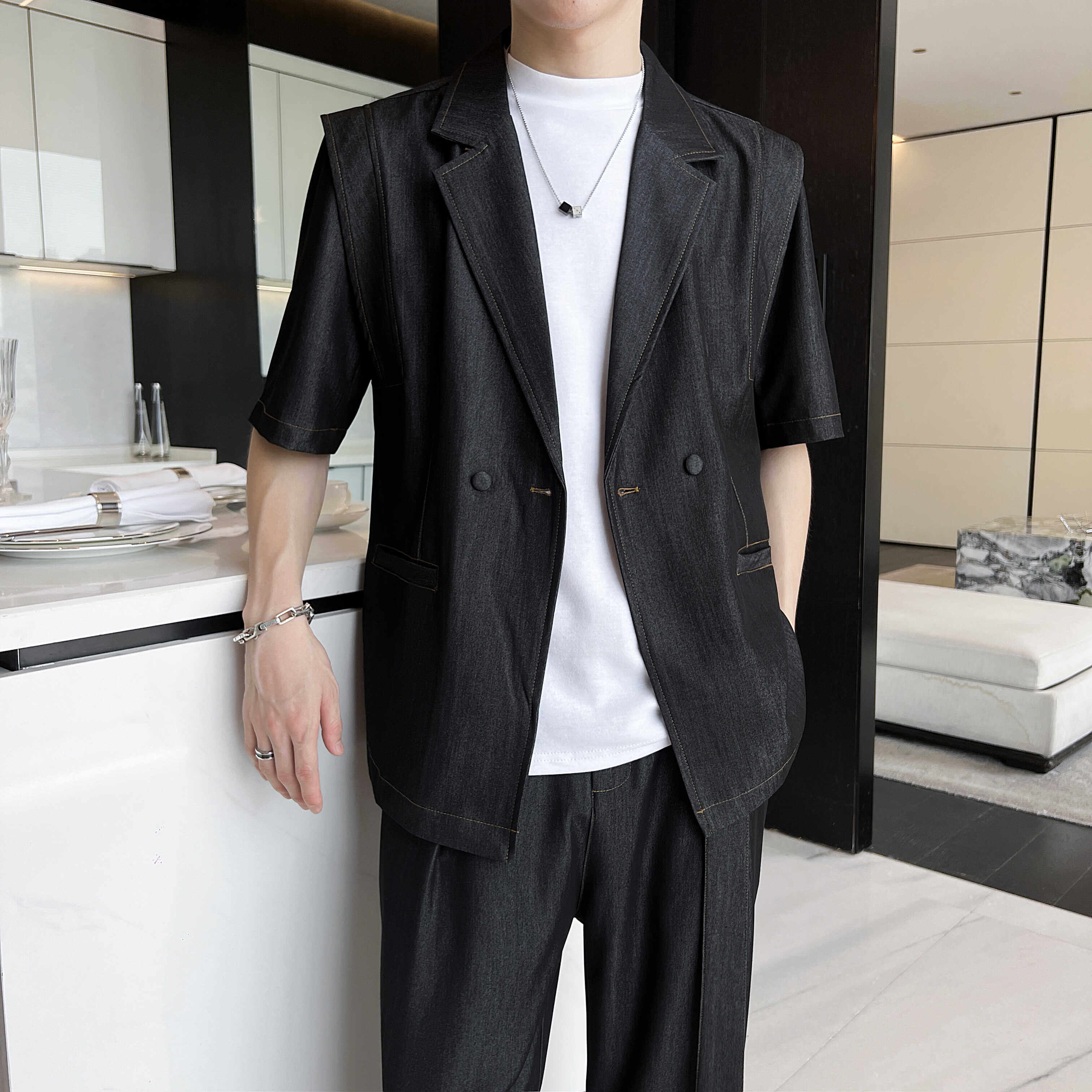 夏季短袖西服套装男士时尚休闲新款搭配宽松两件套帅气P130，男装T恤，星座407-1