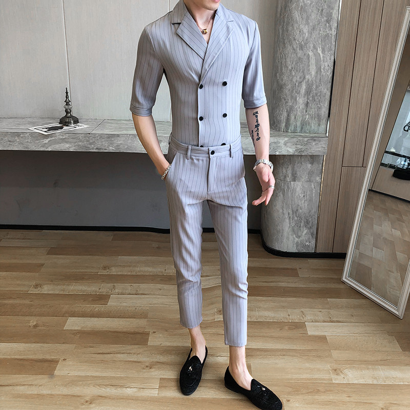 青年男士夏季款条纹类西服衬衫套装P135图片