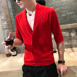 夏款薄款修身男士V领衬衫P50图片