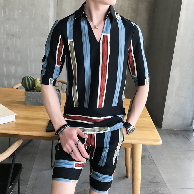 夏款短袖居家休闲日常条纹衬衫P80,男装T恤,星座407-1