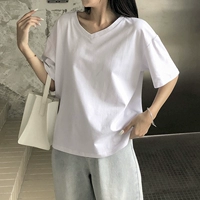 Хлопковая летняя приятная телу футболка, V-образный вырез, свободный крой