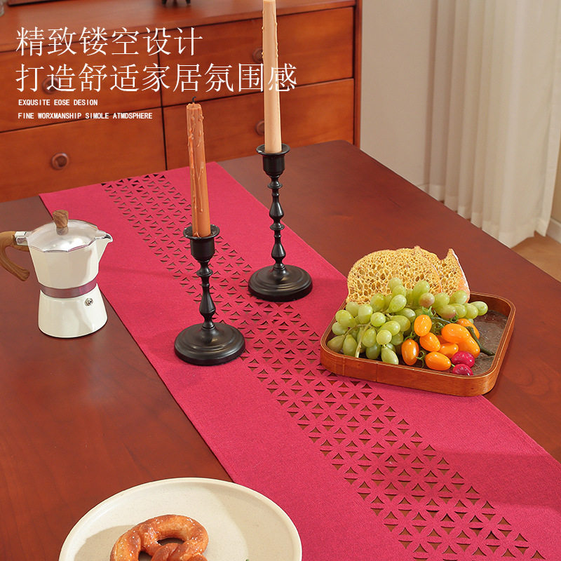 桌旗玫红色轻奢高端现代美式电视柜长条茶几法式棉麻镂空五斗柜盖