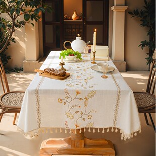 餐桌布艺果实绣花桌布庭院户外餐桌布艺长方形蔷薇舞动蓝菊米咖啡
