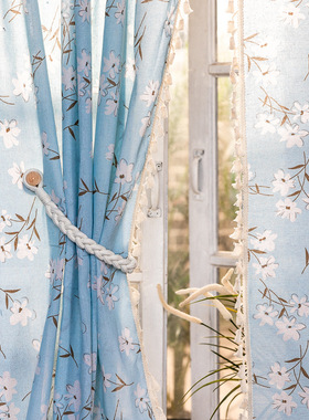 窗帘美式蓝色花卉飘窗帘棉麻印花流苏阳台厨房免打孔半遮光帘