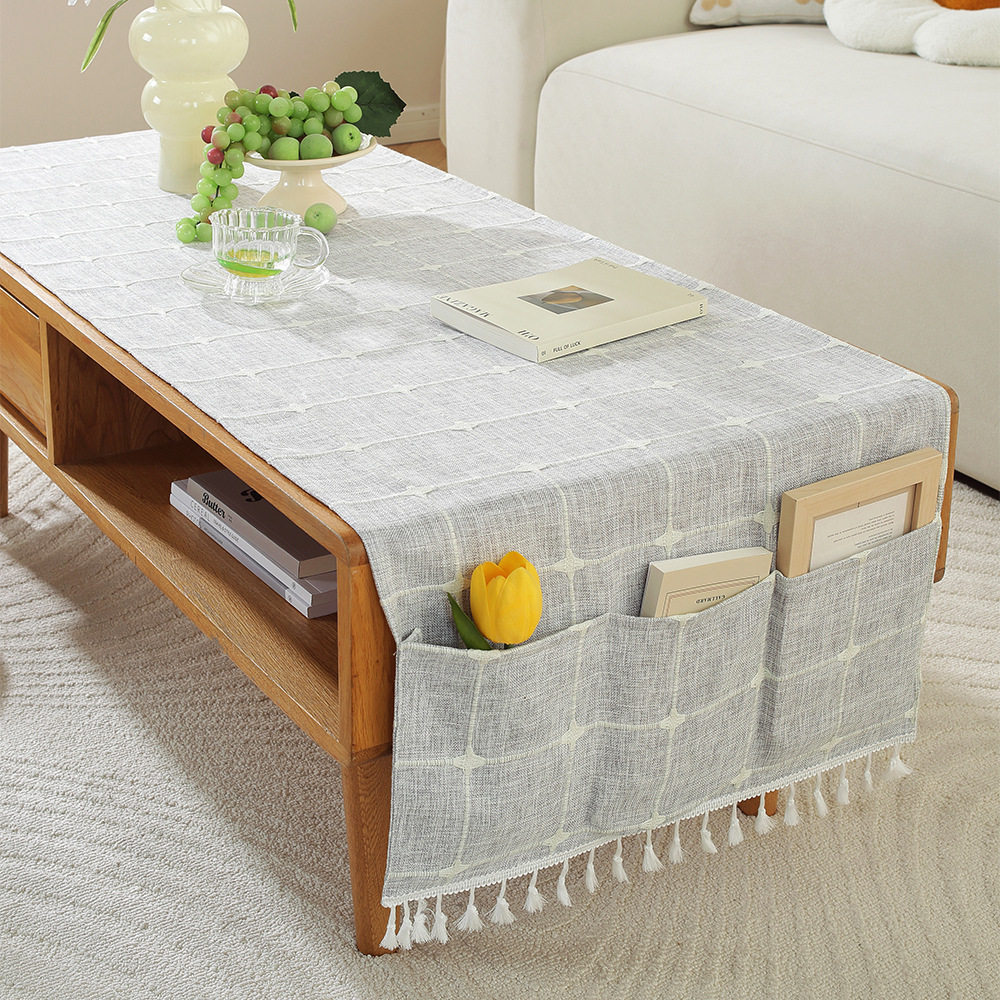 小格子青色防棉麻加厚茶几罩小盖布带收纳口袋冰箱滚筒洗衣机盖巾,居家布艺,桌布,淘宝优惠券,粉丝福利购,淘宝优惠卷