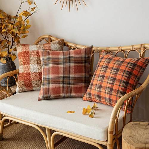 美式秋季风抱枕套复古百搭格子客厅沙发靠柔软磨毛抱枕套铁锈红格