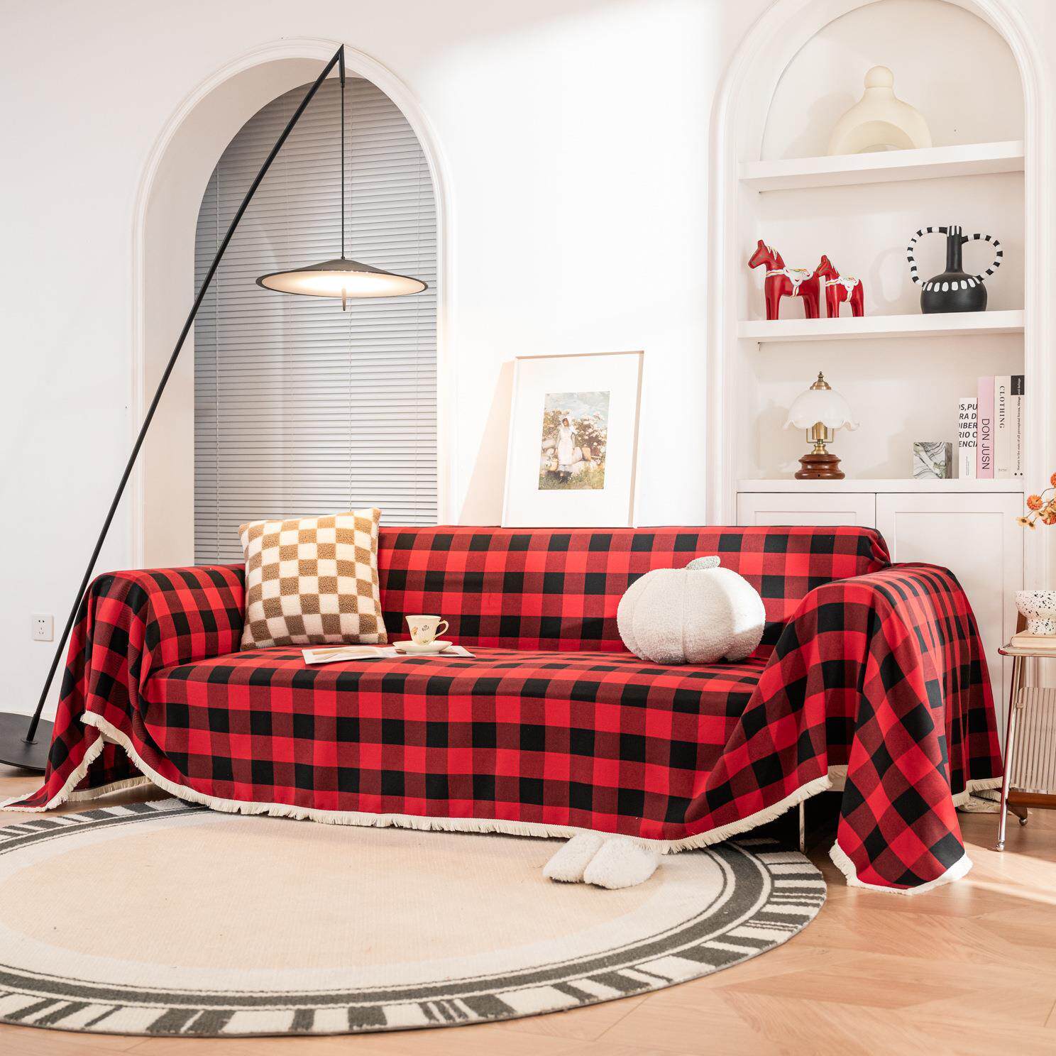 法罗格子方格子红黑白棉麻布艺沙发巾大盖布圣诞节日多功能万能巾