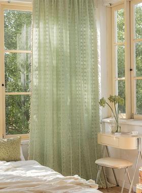 映月条纹绿色透光不透人客厅阳台飘窗纱半遮光波西米亚半遮光窗帘
