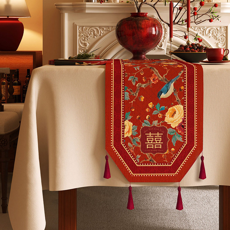 结婚桌旗红色喜字防水餐桌布麻感布艺电视机五斗柜盖布八角茶几布