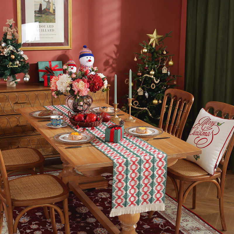 美式全棉圣诞红绿流苏条纹菱形格方块桌旗餐桌斗柜装饰红绿灯笼,居家布艺,桌旗,淘宝优惠券,粉丝福利购,淘宝优惠卷