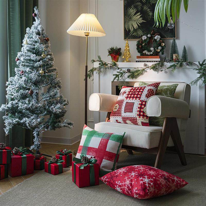 红色雪花抱枕套沙发靠枕印花糖果绿叶圣诞靠套样板房抱枕不含芯