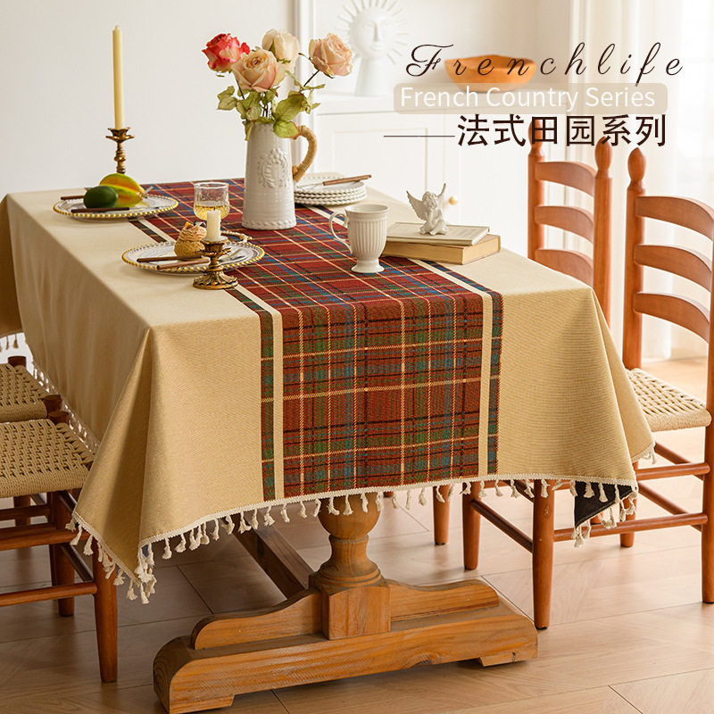 红格子棉麻质感桌布刺绣高级感轻奢布艺美式复古餐桌田园风咖啡厅