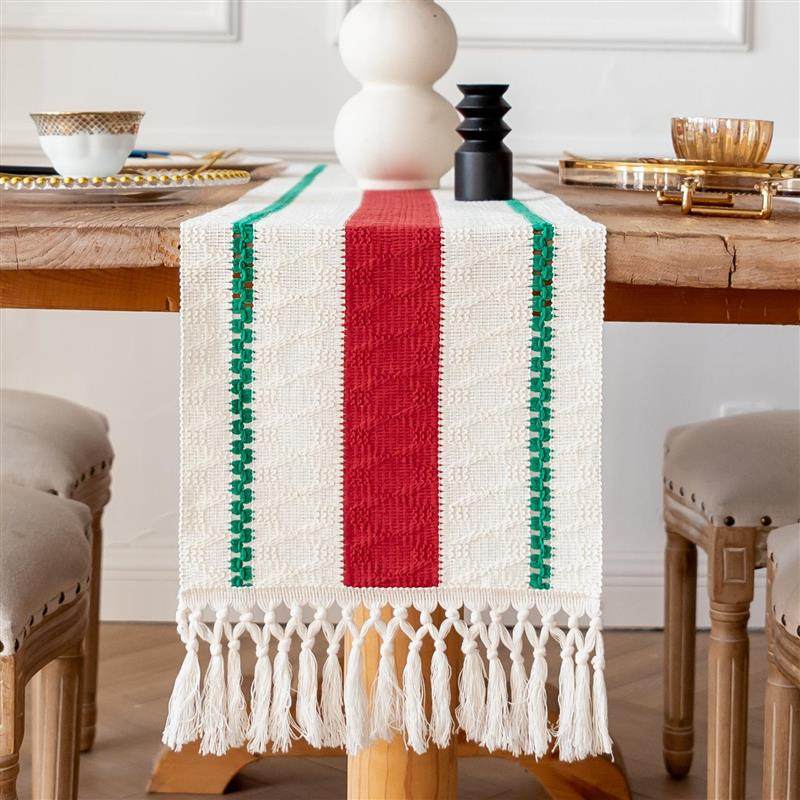棉线红绿流苏圣诞桌旗美式红绿拼色新年长条桌巾玄关鞋柜装饰桌布,居家布艺,桌旗,淘宝优惠券,粉丝福利购,淘宝优惠卷