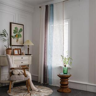 美式 色阳台色窗帘多色拼接绣花窗帘半遮光窗帘农舍厨房客厅窗幔